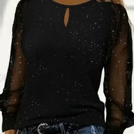 Bluzki damskie - TEMU Elegancka czarna bluzka z długim rękawem i kontrastowymi siateczkowymi rękawami Odpowiednia na każdą porę roku, jednolity - miniaturka - grafika 1