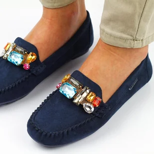 Granatowe zamszowe mokasyny damskie z kryształami Vinceza 2221 - Mokasyny damskie - miniaturka - grafika 1