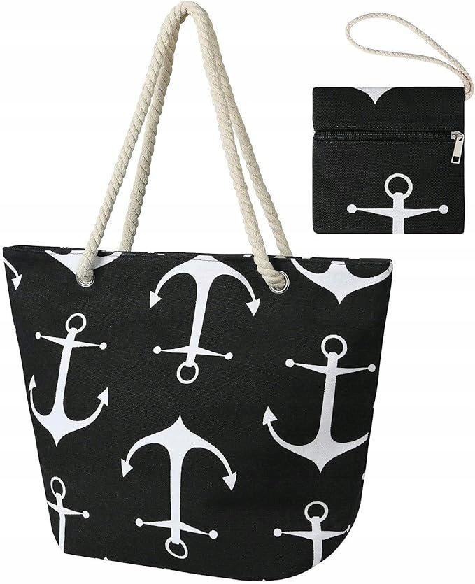 DUŻA TORBA PLAŻOWA MATERIAŁOWA - SKŁADANA - ODPORNA NA PIASEK - Z ZAMKIEM