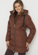 Kurtki damskie - Brązowa Długa Pikowana Kurtka z Kapturem i Dwustronnym Suwakiem Naorinae - miniaturka - grafika 1