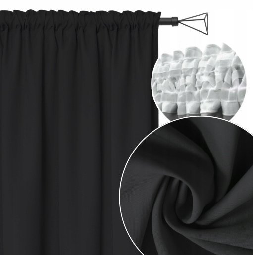 ZASŁONA 145x230cm Zasłony Czarna na Taśmie Żabki