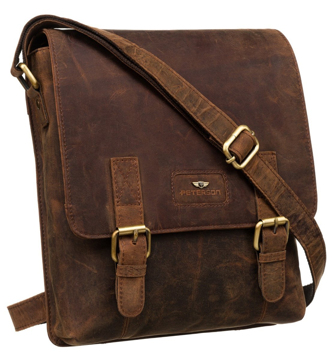 Skórzana brązowa mała torba męska na ramię PETERSON listonoszka na suwak klapę i zatrzask magnetyczny miejsce na telefon kieszeń na tablet funkcjona..
