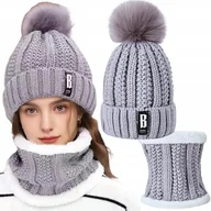 Czapki damskie - Czapka I Komin Zestaw Damska Zimowa Ciepła Ocieplana Z Pomponem Szary - miniaturka - grafika 1