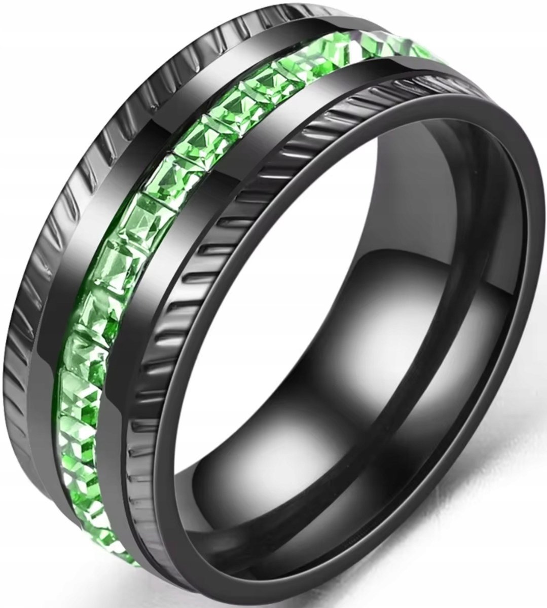 Czarny Pierścień z Kwadratowymi Perydot Peridot Sygnet Stal Szlachetna