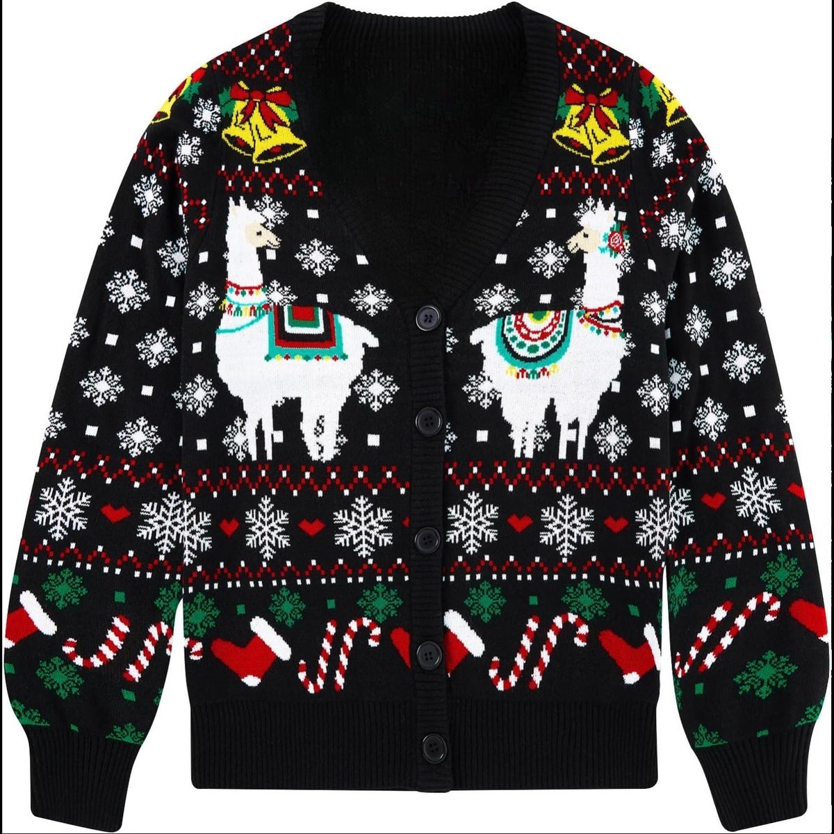 Damski Kardigan Sweter Świąteczny Rozpinany Guziki Zabawny Alpaki Czarny XL
