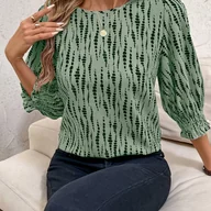 Koszule damskie - TEMU Bluzka Damska z Eleganckim Zielono-Białym Wzorem w Paski - Okrągły Dekolt, Krótki Rękaw, Marszczone Detale, Lekki Poliester, Idealna na - miniaturka - grafika 1