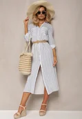 Sukienki - Biało-Niebieska Koszulowa Sukienka Midi w Paski z Lnem i Plecionym Paskiem Efordia - miniaturka - grafika 1