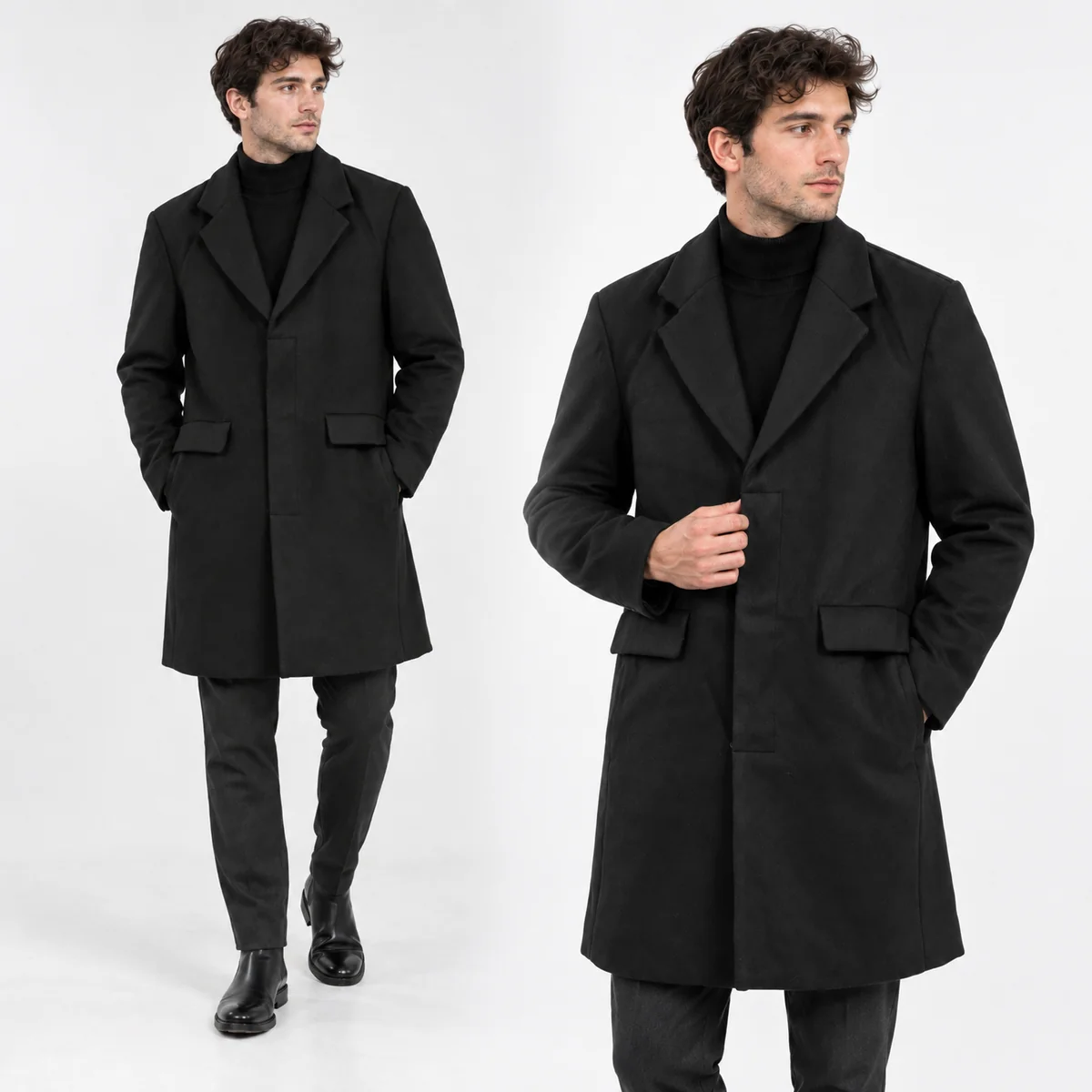 Płaszcz Męski Jednorzędowy Klasyczny Elegancki Casual Czarny L