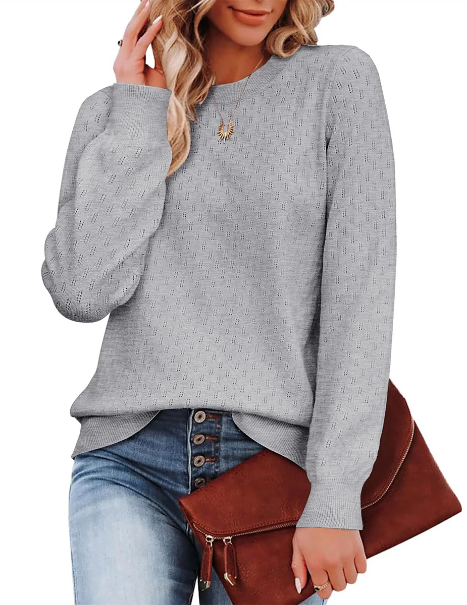 Sweter Damski Dzianinowy Okrągły Dekolt Ciepły Elegancki Miękki Szary L
