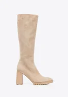 Półbuty męskie - Damskie kozaki z imitacji zamszu na słupku beżowe - miniaturka - grafika 1