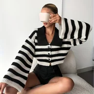 Swetry damskie - TEMU 1 szt. Elegancki kardigan w paski dla kobiet - stylowy czarno-biały polokrój, zapinany na guziki, długie rękawy, idealny na jesień/zimę, stylowy - miniaturka - grafika 1