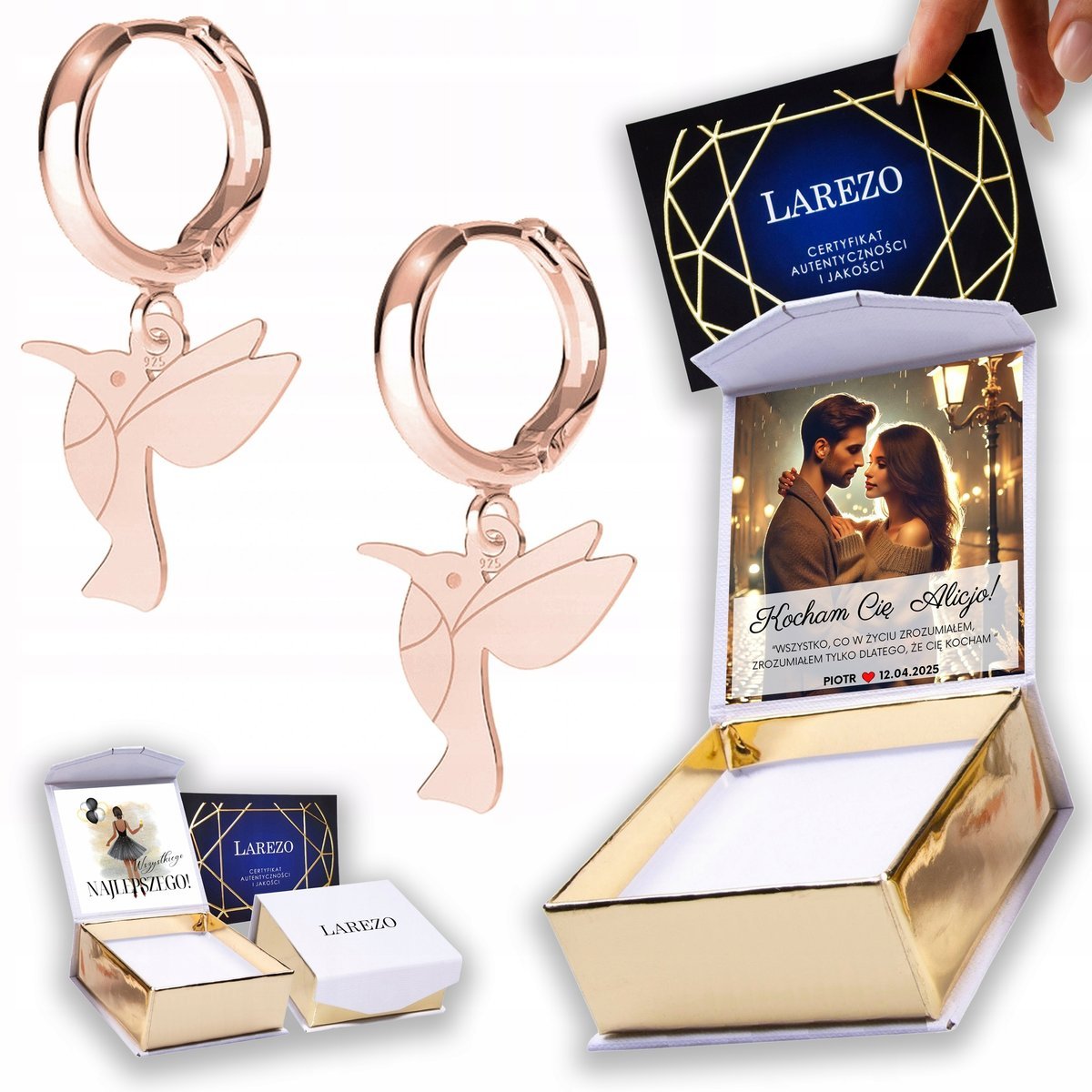 Kolczyki Pozłacane 925 Ptak Koliber z Ptakami Zwierzętami Kolibrami NADRUK