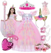 Stroje karnawałowe - Strój Przebranie Sukienka Tęczowy Jednorożec Kostium Na Karnawał 128 134 - miniaturka - grafika 1