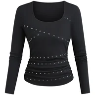 Bluzki damskie - TEMU Damski Ribbed Jednokolorowy Krzyżujący Się Pasek Okrągły Dekoltz Long Sleeve Dopasowany Casual Uroczy Zabawny T-Shirt - miniaturka - grafika 1