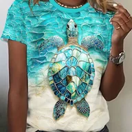 Bluzki damskie - TEMU Kobieca Casualowa Koszulka z Krótkim Rękawem z Wizerunkiem Żółwia Morskiego w - Turkusowo-Złota, Okrągły Dekolt, Pranie Maszynowe - miniaturka - grafika 1