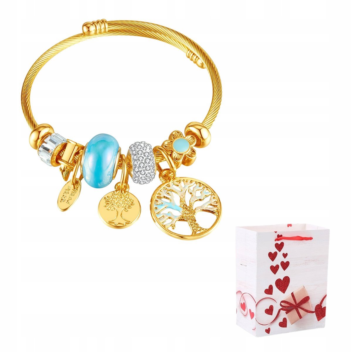 Bransoletka Złota Modułowa Charms Regulowana Drzewo Życia Stal Chirurgiczna