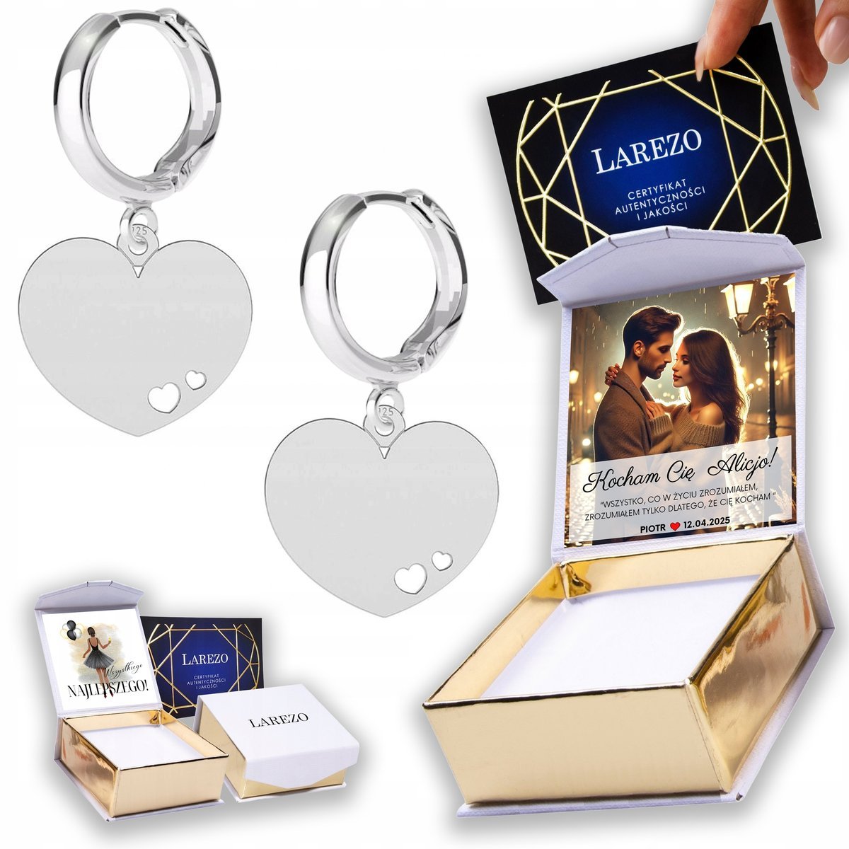 Kolczyki Srebrne 925 Serca Serduszka Blaszka Heart Serduszko Love NADRUK