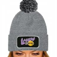Czapki damskie - Szara Czapka Zimowa Z Pomponem LAKERS LOS ANGELES Ciepła Na Prezent Wzory - miniaturka - grafika 1