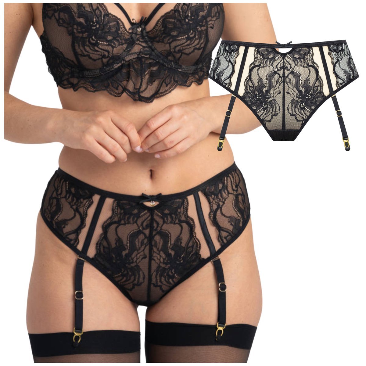 Majtki koronkowe brazyliany z paskami do pończoch Samanta Mystery M400 L