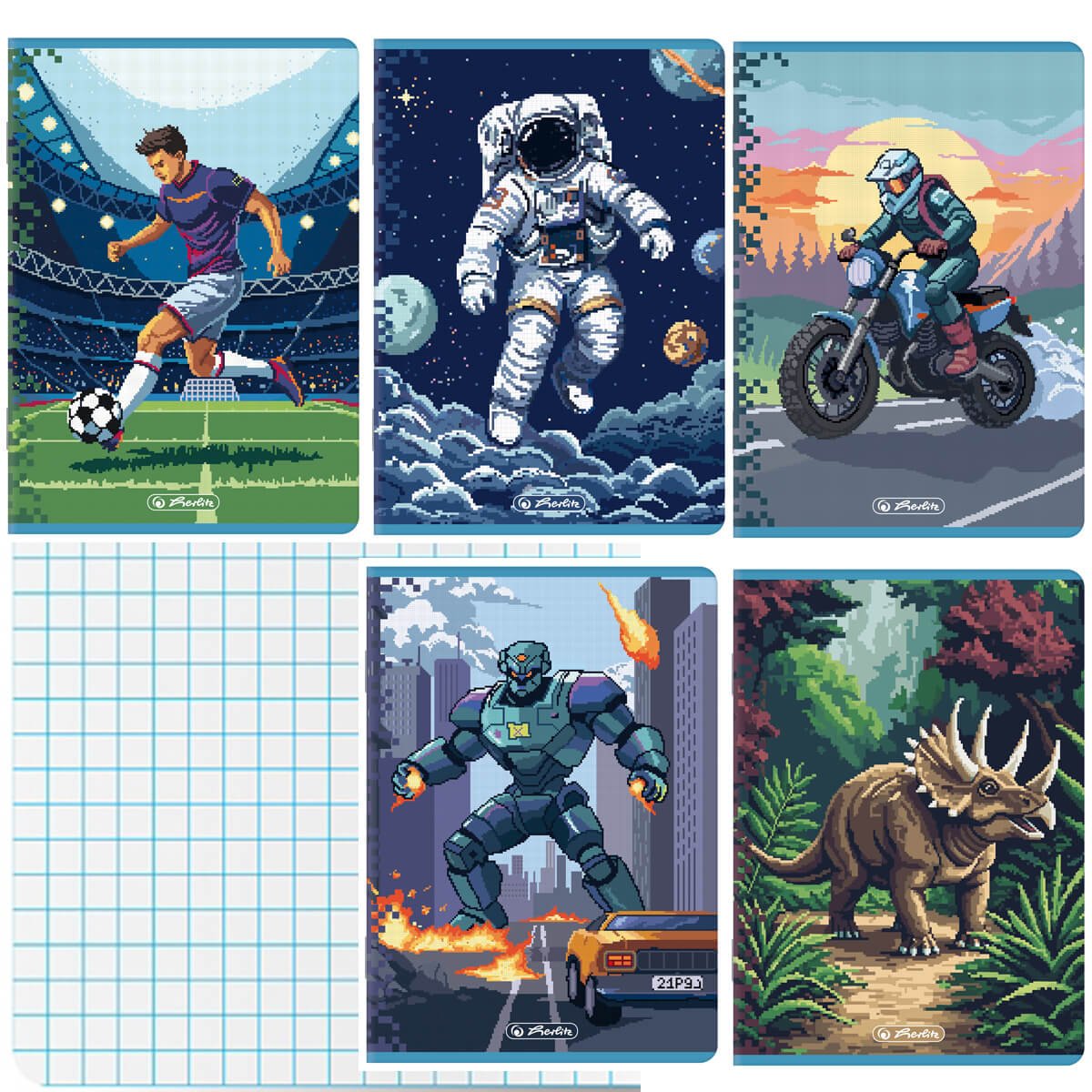5 SZT. X ZESZYT A5, 16 KARTEK, KRATKA, PIXEL FUN DLA CHŁOPCA, HERLITZ