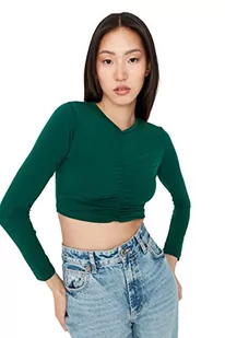 Trendyol Damska damska dopasowana bodycon dekolt w serek dzianinowa bluzka koszulka, szmaragdowa zieleń, S, zieony (Szmaragdowa zieleń), S - Body - miniaturka - grafika 1