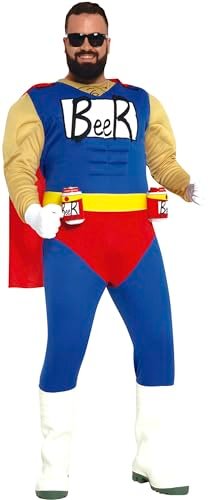 FIESTAS GUIRCA Kostium Beerman dla dorosłych (56-58/XXL) - peleryna, pasek, kombinezon i puszki - Kostiumy superbohaterów na imprezę kawalerską, przyjęcia i uroczystości - męskie - niebieski i