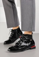 Botki damskie - Czarne Lakierowane Botki Vices ze Sznurowaną Cholewką i Tłoczeniem Ozvila - miniaturka - grafika 1