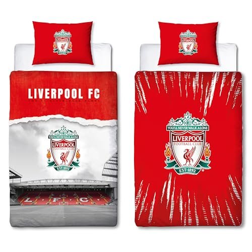 Character World Oficjalny zestaw poszewek na kołdrę Liverpool FC, wzór Walk Alone, czerwona, dwustronna, dwustronna, na stadion piłkarski, oficjalny produkt, w tym pasująca poszewka na poduszkę