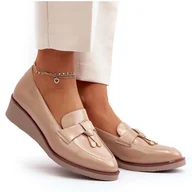 Półbuty damskie - Vinceza Damskie Lakierowane Półbuty Na Koturnie Z Ozdobą Miliret beżowy - miniaturka - grafika 1