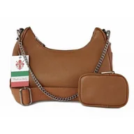 Torebki damskie - Włoska Listonoszka, Przewieszka ,Vera Pelle Srebrne Okucia ,Szeroki Pasek, Camel Vp742C - miniaturka - grafika 1