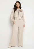 Komplety damskie - Ciemnobeżowy Komplet Dresowy z Wiskozą Szerokie Spodnie i Bluza ze Stójką i Broszką Redasena - miniaturka - grafika 1