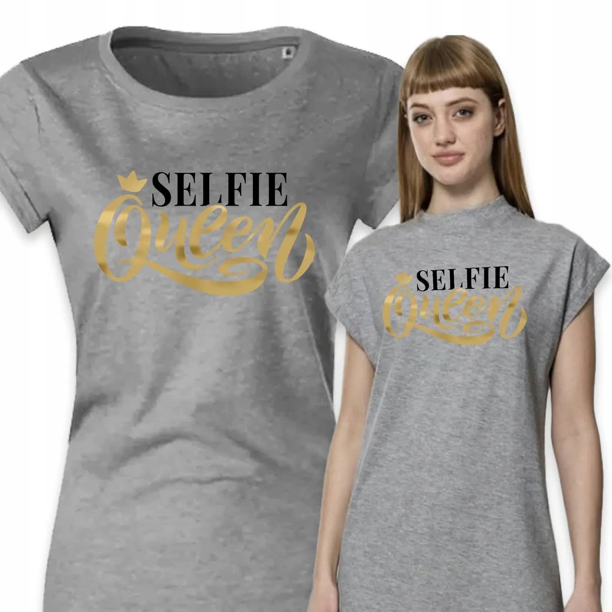 PIŻAMA DAMSKA SZARA Koszula Nocna Na Prezent SELFIE QUEEN Królowa Wzory - M