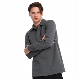 Bluza męska z kołnierzem polo z dzianiny grafitowy melanż V1 OM-SSNZ-0149 S - Bluzy męskie - miniaturka - grafika 1