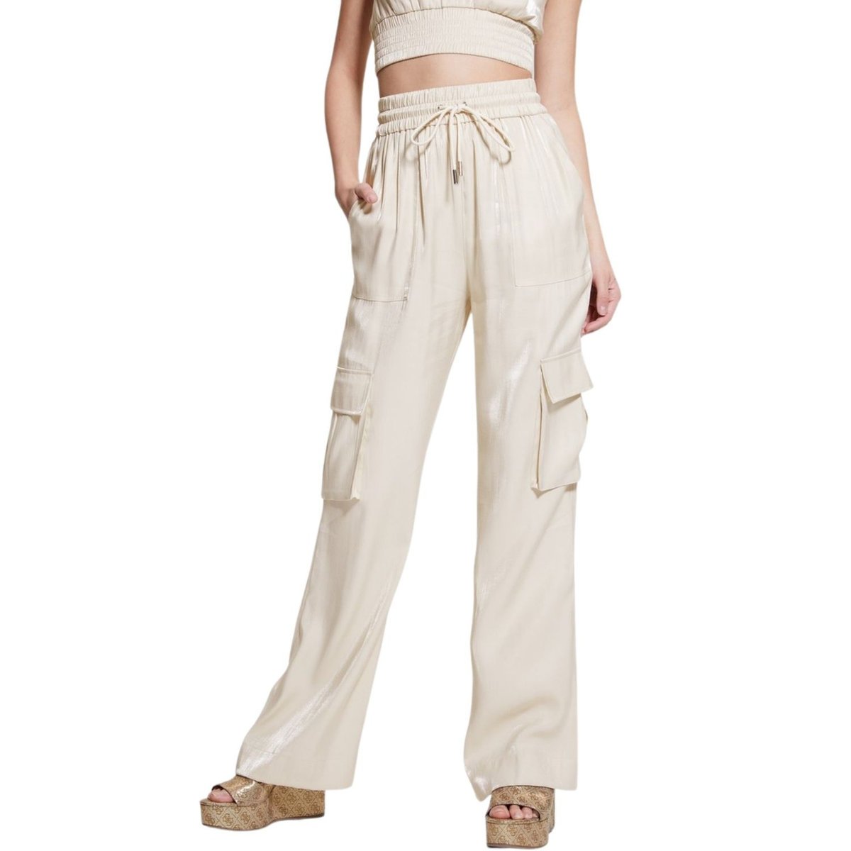 Spodnie damskie Guess materiałowe satynowe cargo-XS