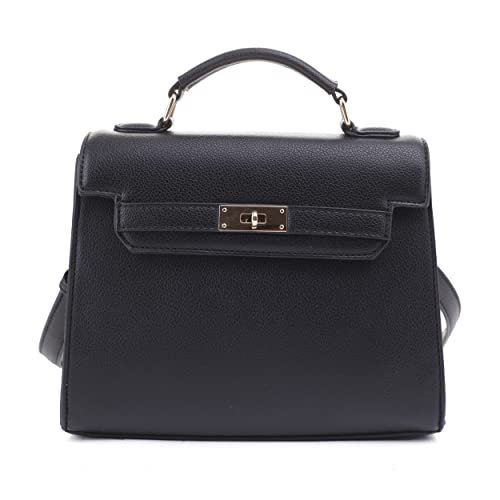 EVVE Damska tornister z górnym uchwytem z odpinanym paskiem, mała, kamykowa skórzana torba crossbody, Czarny