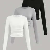 Bluzki damskie - TEMU 3 szt. Damskie Y2K Krótkie T-Shirty Slim-Fit - Oversize Okrągły Dekolt Długi Rękaw Krótkie Topy (Czarny/Biały/Szary) - Niezbędnik do - miniaturka - grafika 1