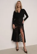 Spódnice - Czarna Spódnica z Satyny z Koronką i Rozcięciem na Nogę Doritana - miniaturka - grafika 1