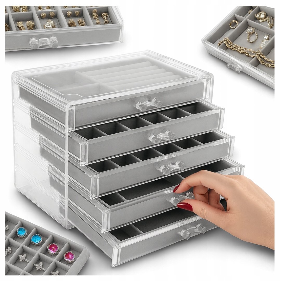 PRZEZROCZYSTA AKSAMITNA SZKATUŁKA NA BIŻUTERIĘ 5 SZUFLAD ORGANIZERY PREZENT