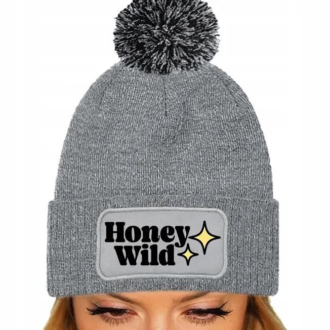 CZAPKA POMPON Bawełniana ZIMOWA Szara HONEY WILD Modne Subtelne Wzory