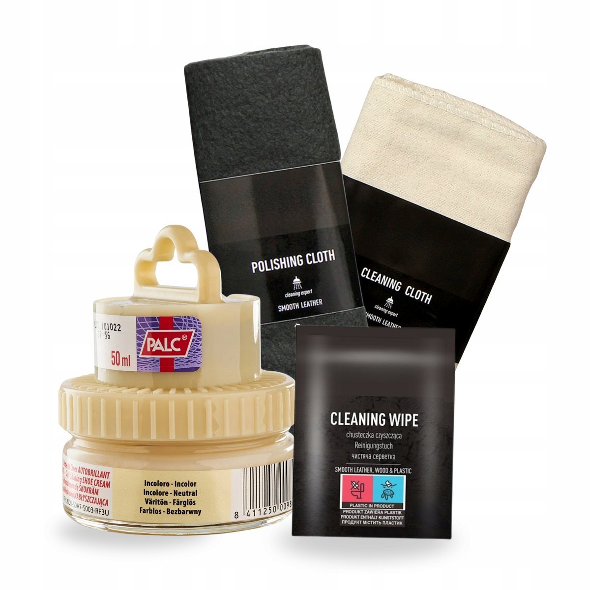 Bezbarwna Pasta do Butów Szmatki i Chusteczka do Skóry Palc Zestaw 4w1