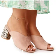 Klapki i japonki damskie - Zamszowe Klapki Na Obcasie S.Barski C420-15 Beżowe beżowy - miniaturka - grafika 1