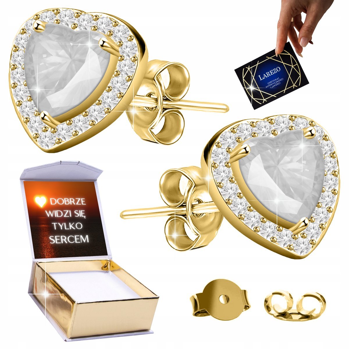 Złote Kolczyki 925 na Sztyftach Serca Białe Serduszka z Cyrkoniami + NADRUK