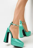 Czółenka - Zielone Satynowe Czółenka na Słupku i Platformie Chahe - miniaturka - grafika 1