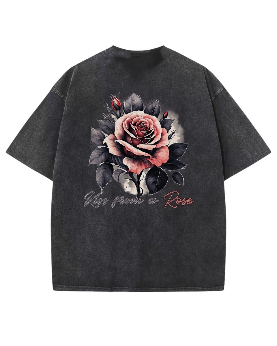 Damska koszulka oversize efekt sprania Kwiaty Piękna Róża Czarna XXL