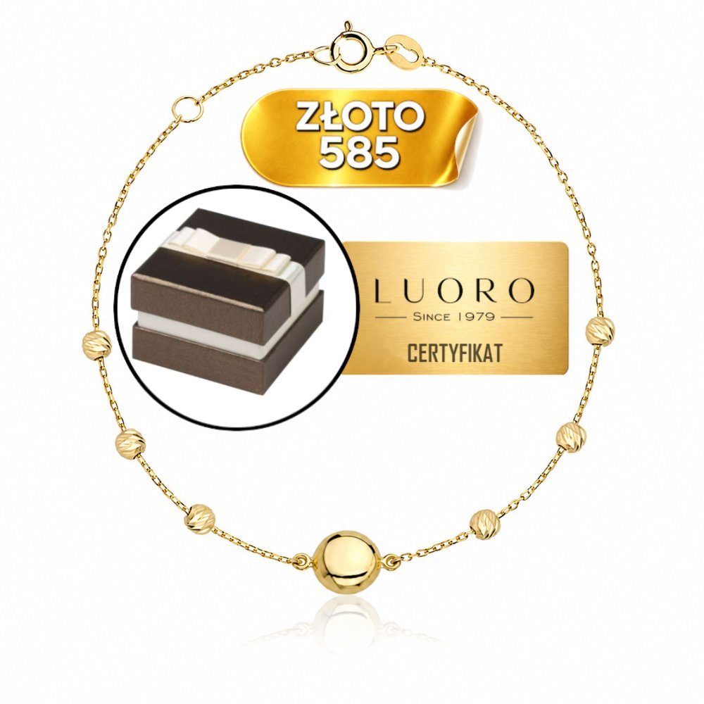BRANSOLETKA ZŁOTA 585 14K KÓŁKO DIAMENTOWANE KULKI 17 CM REGULOWANA