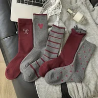 Skarpetki damskie - TEMU 5 par damskich skarpet do połowy łydki na jesień i zimę, proste skarpetki w paski z kokardką w kształcie , skarpetki z rolką i pęcherzykami, - miniaturka - grafika 1