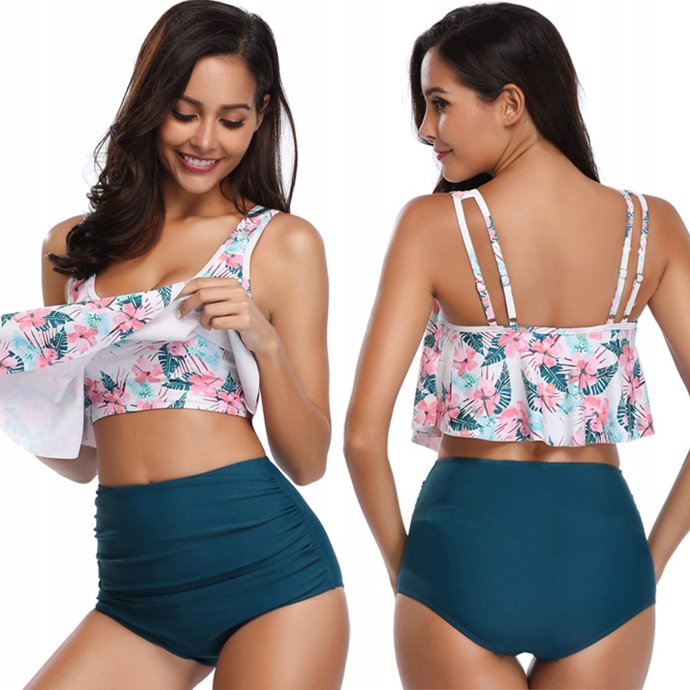 Strój Kąpielowy Dwuczęściowy Wysoki Stan Modelujący Damski Turkus Xl