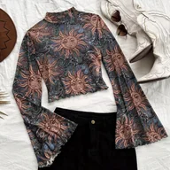 Bluzki damskie - TEMU Damska bluzka w stylu bohemy z długim rękawem i wzorem słońca - Retro artystyczny design, czarno-brązowa, okrągły dekolt, luźny krój, idealna na - miniaturka - grafika 1