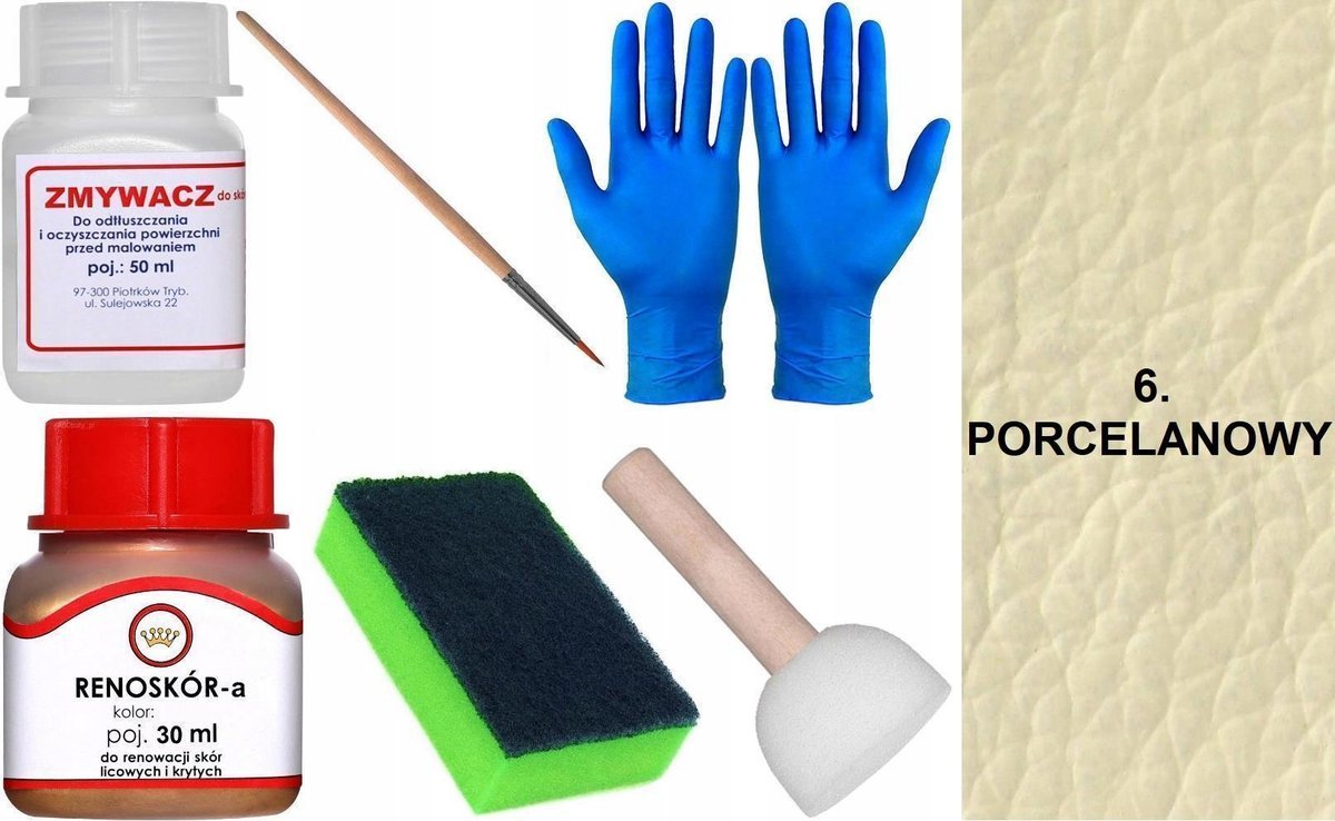 PORCELANOWY 6 Renoskór ZESTAW DO RENOWACJI SKÓRY LICOWEJ Farba Zmywacz PŁYN