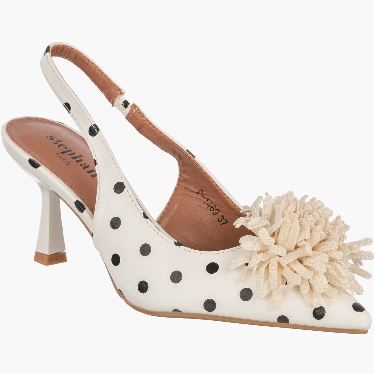 Szpilki Damskie Ekoskóra Czółenka Slingback z Kwiatem Eleganckie Białe W Kropki 40
